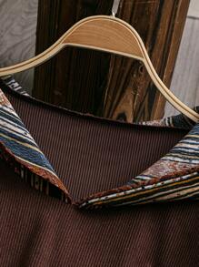 SHEIN 大码女式随机条纹印花拼布连帽长袖衬衫 - 咖啡棕 - 查看 3