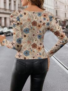 SHEIN Clasi 豹纹方领羊腿袖上衣，休闲简约设计，长袖衬衫，适合春秋季节 - 彩色 - 查看 2