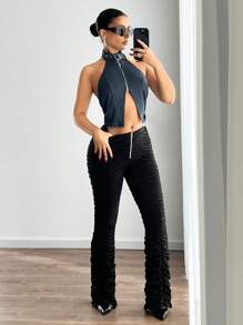 SHEIN ICON Y2K Ruched Zip Up Long Skinny Sexy Pants