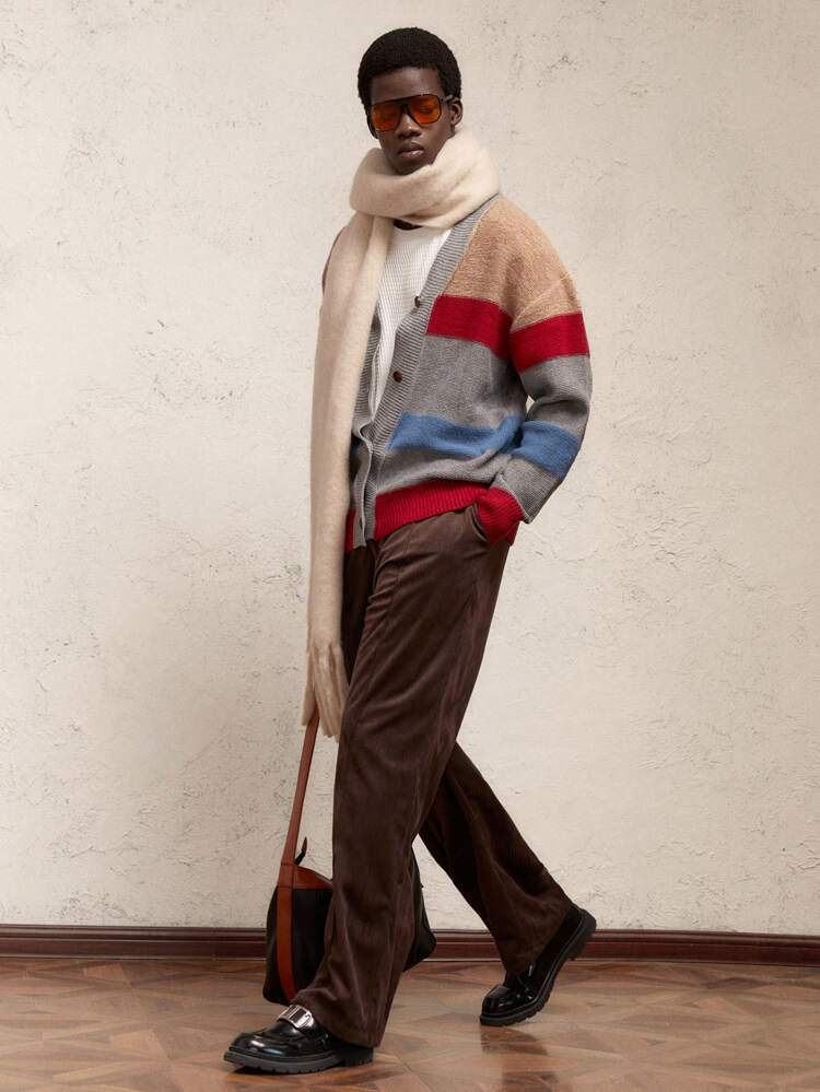 Men Loose Knit Drop Shoulder Casual Round Neck Colorblock Striped Grey Long Sleeve Cardigan, Suitable For Autumn/Winter, New Year, Christmas, Party, Drop Shoulder Chunky Cardigan, For Husband, Boyfriend Gifts