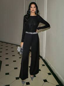 Poéselle 女士优雅通勤直筒裤，亮片拼接 - 黑色 - 查看 3