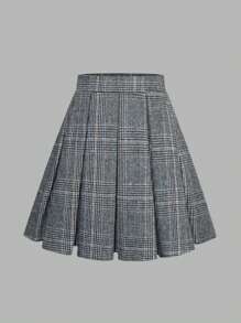 Women's Pleated Minimalist Plaid Skirt, Casual Everyday - Blue - View 1