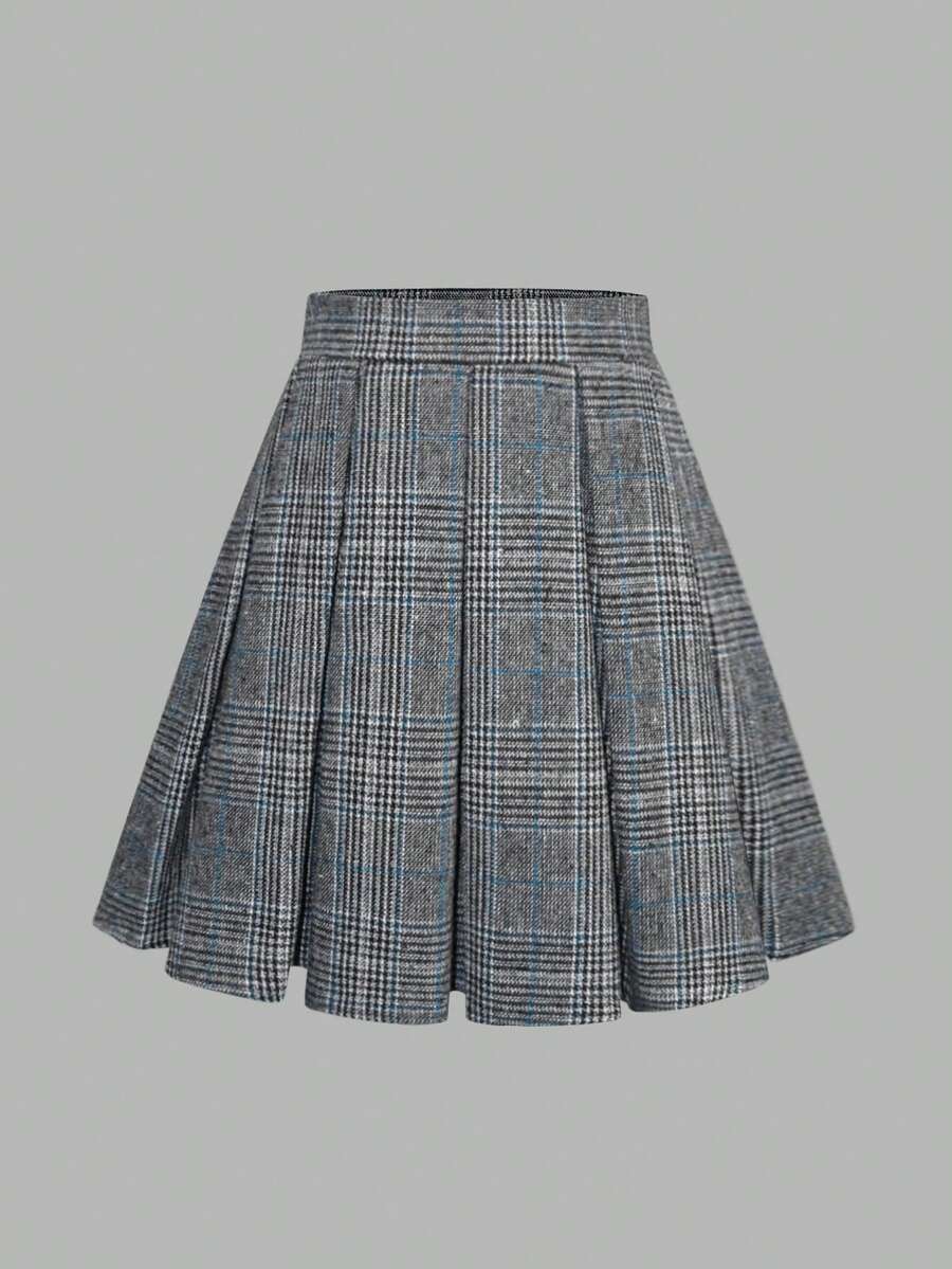 Women's Pleated Minimalist Plaid Skirt, Casual Everyday - Blue - View 1
