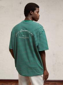 AKNOTIC Business Casual Men's Loose Knit Striped Round Neck Short Sleeve T-Shirt - Green - View 4