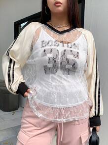 Dazy Petite Plus Top da donna taglie forti con scollo a V, patchwork a contrasto, pizzo trasparente e stampa numerica, maniche lunghe, per uscire e scuola - Albicocca - Visualizzare 6