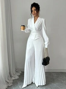 Lyxana Women Solid Color Elegant Cross Twist Top + Pleated Long Pants Set, Spring/Autumn Fall Cloth For Women - White - View 6