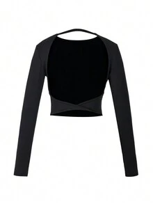 女士圆领露背长袖基本款短款上衣弹力露背外出 T 恤