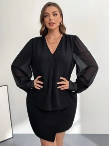 SHEIN Privé Conjunto elegante y cómodo de camisa de manga larga de escote en V semitransparente sexy negra y falda ceñida elegante y estilizada de talla grande para otoño e invierno, ropa de mujer para otoño, ropa de oficina, ropa de trabajo, conjunto casual de negocios, conjunto de falda, mujeres, fiesta de Navidad, conjuntos cómodos, atuendos elegantes - Negro - Ver 3