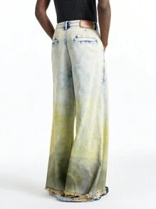 NEON BLANC 男士长款街头风格渐变编织牛仔裤，宽长款超大拼色洗水牛仔裤，适合丈夫、男朋友的礼物 - 薄荷綠 - 查看 3
