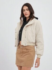 SHEIN EZwear 女式纯色前扣长袖防风外套，秋冬 - 杏色 - 查看 5