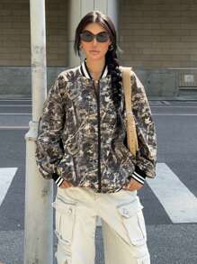 Muchica 1pc Women's New Casual Sports Style Full Print Contrast Striped Trim Baseball Jacket, Autumn , Bomber Jacket - Army Green - View 3