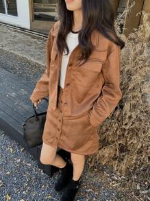 INAWLY 2 件女式仿麂皮纯色保暖内衬长袖夹克和纽扣半襟裙套装，秋冬 - 卡其色 - 查看 6