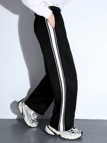 SHEIN Kids/Tween Boy Casual Loose Fit Solid Color Drawstring Waistband Knitted Sweatpants, Suitable For Commuting, School, Daily Casual, Travel, Sports, Spring Summer Autumn Winter - Black - View 6