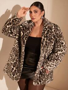 SHEIN BAE Plus Size Women Elegant Gangster Wife Luxurious Leopard Print Lapel Long Sleeve Warm Fluffy Mid-Length Coat For Autumn/Winter