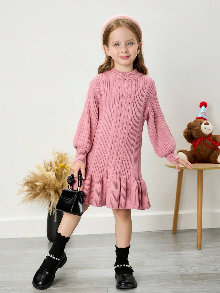 SHEIN 年轻女孩纯色领泡泡袖紧身休闲毛衣连衣裙 - 綠色 - 查看 1
