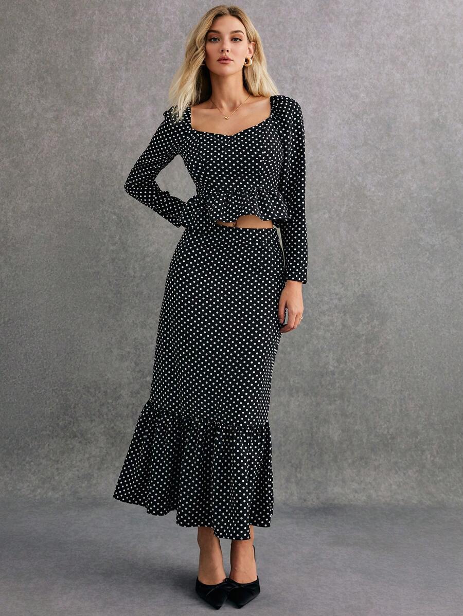 Poéselle Black And White Polka-Dot Two-Piece Set,Women Two Piece Sets,2pcs Women Autumn Elegant Polka Dot Print Ruffle Trim Top And Mini Skirt Set,Polka Dot Dress Set,Vintage Set, Effortless Chic Essential ,Elegant And Stylish, Suitable For Everyday, Street, Commute, Tea Break And Other Occasions To Wear