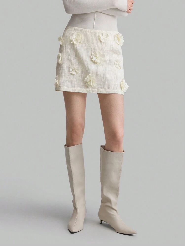 1pc Women Apricot Solid Color Elegant Floral Decor Skirt For Autumn