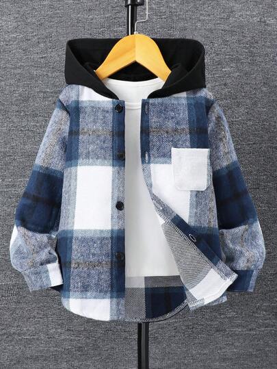 SHEIN Kurtka dla chłopca w kratę, z kapturem i długim rękawem, zapinana z przodu na guziki