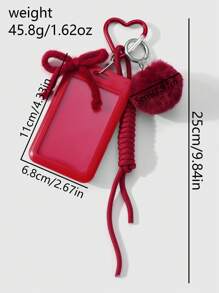 ROMWE Kawaii 1 件甜美酷炫时尚高品质学院风秋冬红色毛绒球纱蝴蝶结可调节挂绳纯色透明校园卡 ID 夹 DIY 钥匙扣包饰，适合上班族、学生、日常穿着和礼物