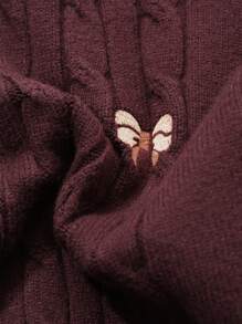 DAZY 1 件女士宽松刺绣半拉链长袖休闲毛衣，秋季女装 - 紅木色 - 查看 9