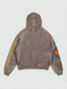 ROMWE MEN Street Life Men's Washed Street Graphic Print Hoodie Sweatshirt, Suitable For Spring And Summer - Khaki - View 2