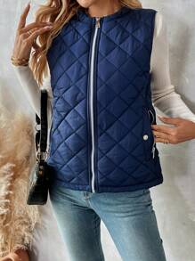 SHEIN LUNE Women Plain Front Zip Pocket Simple Sleeveless Casual Puffer Vest - Navy Blue - View 4
