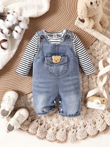 SHEIN Vintaside Kids 嬰兒男童條紋印花長袖上衣和牛仔鬆緊褲套裝