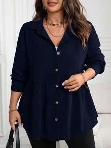 Plus Size Casual Solid Color Cinched Waist Shirt, Autumn