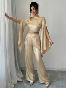 Chiquease 女士花式鸡尾酒会俱乐部郊游圣诞新年假期优雅闪亮金色亮片圆领喇叭袖短款上衣 + 直筒裤口袋 2 件套新年假期派对服装 - 金色 - 查看 4