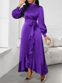 SHEIN Lady Vestido de satén morado, vestido de mujer, vestido de Navidad, vestido elegante para mujer, ropa de Navidad para mujer, ropa de mujer de otoño, vestido formal - Negro - Ver 3