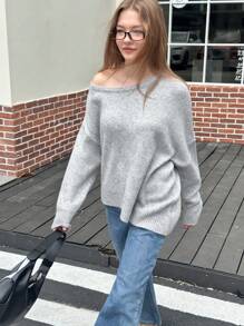 INAWLY Women's Asymmetrical Neck Batwing Sleeve Solid Color Sweater, Autumn Winter Knit Pullover Fall - Grey - View 4