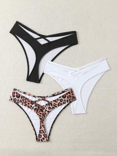 Swim Vcay 3pcs Plus Size Women's Bikini Bottom, Random Print Criss-Cross Back Thong Bikini Bottoms, Casual Beach Summer