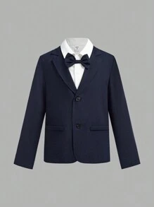 SHEIN Leap Crew 2pcs Tween Boy Casual Solid Color 2 In 1 Suit Jacket And Pants Set, Suitable For Autumn, Spring, And Winter, Suitable For Outdoor Play, School, Street Photography, Parties, And Leisure At Home - Navy Blue - View 6