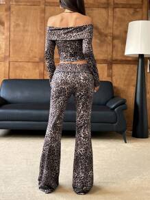 SHEIN EZwear Women's Leopard Print Off Shoulder Long Sleeve Top And Pants 2 Pieces Set - Black - View 2