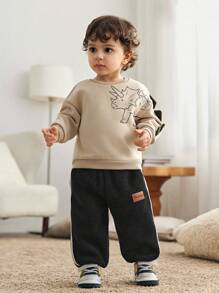 Cozy Pixies 男婴休闲百搭装饰贴布撞色松紧腰慢跑裤 - 黑色 - 查看 3