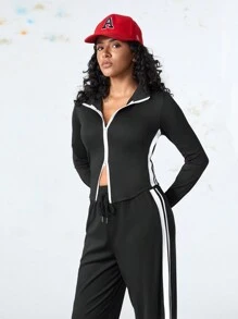 SHEIN Casual Women Zip Closure Contrast Color Jacket And Pants Suit Set - Black - View 6