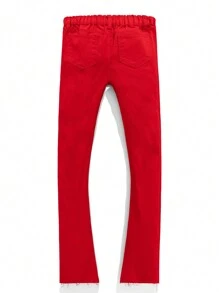 SHEIN 青少年男孩时尚休闲镂空破洞磨边红色牛仔宽松牛仔裤，酷炫日常穿搭及秋冬季单品 - 紅色 - 查看 3