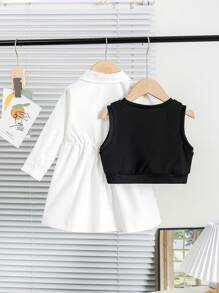 SHEIN 女童学院风甜心背心搭配长款刺绣爱心衬衫裙，休闲舒适，适合秋冬季 - 彩色 - 查看 2