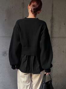 FRIFUL Women's Casual Solid Color Drop Shoulder Lantern Sleeve Cardigan, Autumn/Winter,Long Sleeve Tops - Black - View 4