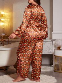 几何印花配色长袖大码睡衣套装