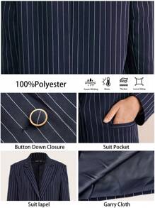 BizChic Bộ 2 quần áo vest sọc dài tay cho nữ, trang phục công sở thanh lịch, xuân/hè - Màu xanh hải quân - Xem 3