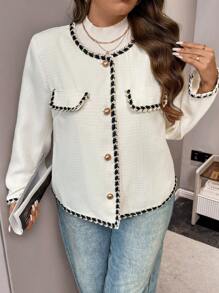 Flirla 大码优雅简约拼色修边夹克，秋季 - 杏色 - 查看 7