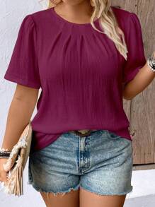 EMERY ROSE Plus Size Casual Solid Color Pleated Puff Sleeve Shirt For New Year Clothes - Red - View 1