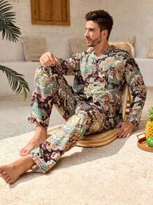 Men's Plant Print Long Sleeve Lapel Neck Single Breasted Top And Pants Pajama Set - Black - View 7