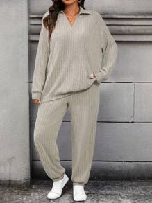 Calvaya 2pcs/Set Plus Size Solid Color Ribbed Long Sleeve Top And Drawstring Long Pants Fall - Apricot - View 6