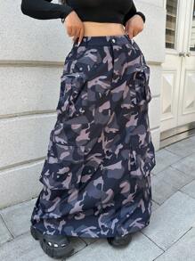 Flirla 大码女式多口袋迷彩裙，复古街头风格，秋冬 - 彩色 - 查看 7