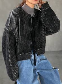 FRIFUL 女士休闲前系带宽松落肩开衫，适合秋冬季，长袖上衣 - 黑色 - 查看 3