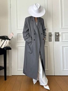 DAZY Women's Solid Color Notched Collar Double Breasted Long Trench Coat,Fall Clothes