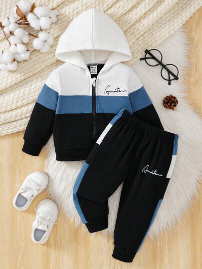 SHEIN 2pcs Baby Boys Contrast Color Letter Print Hooded Zipper Up Top And Elastic Waist Cuff Pants Street Fashion Outfit Set