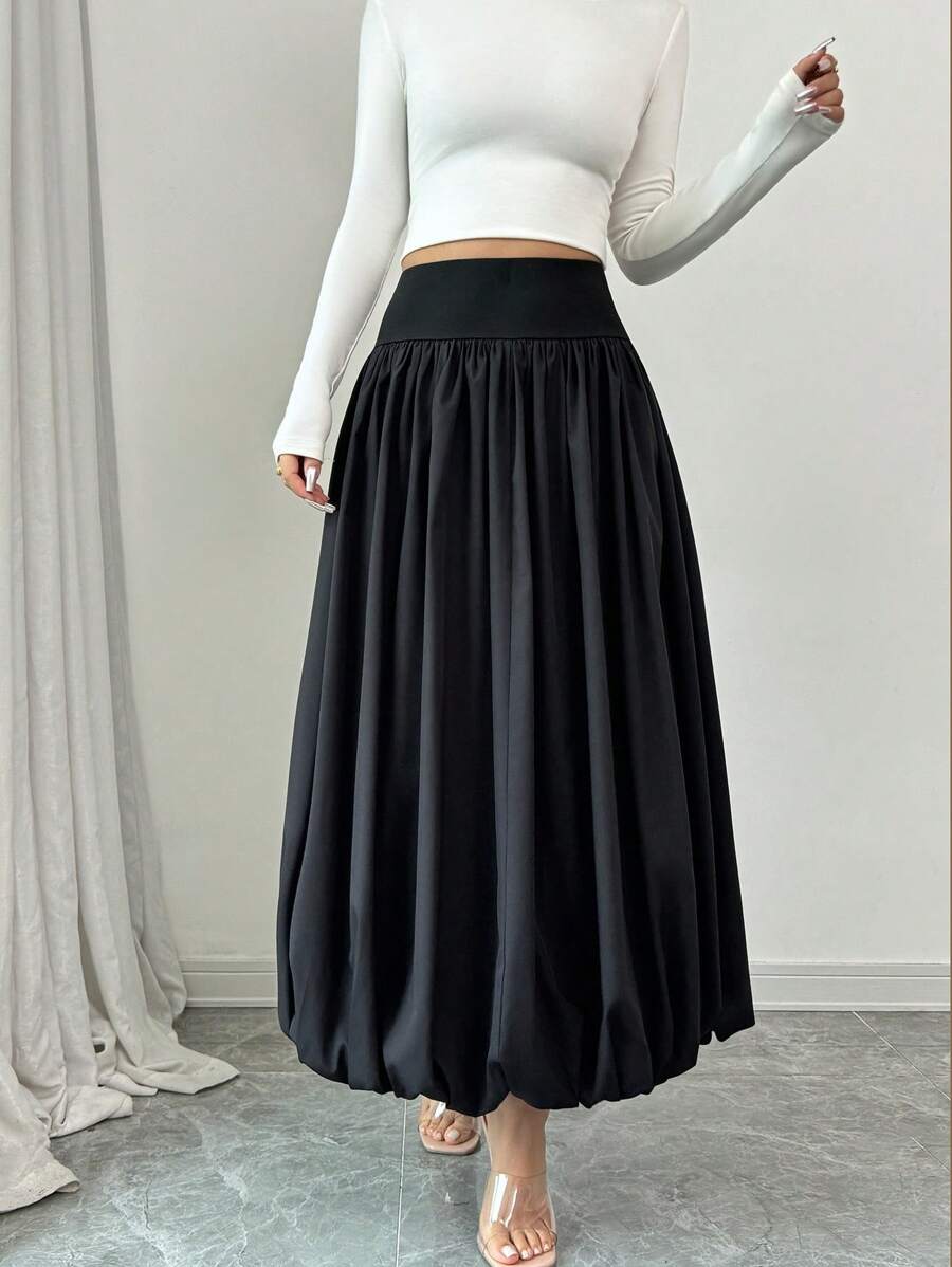 Elenzga 女士纯色褶皱高腰裙，秋季优雅 - 黑色 - 查看 1